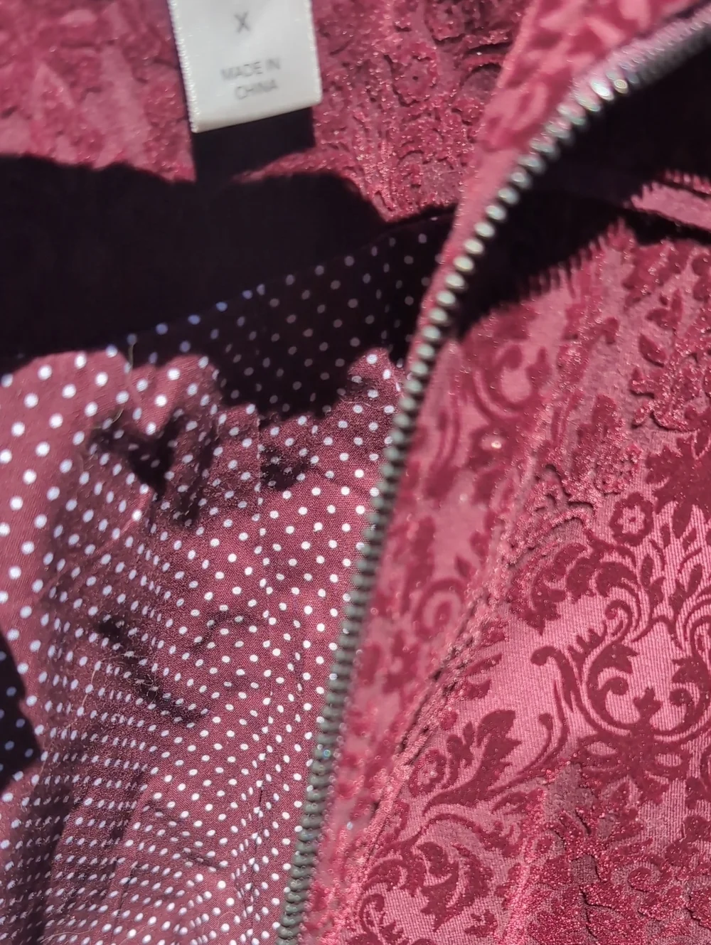 Deep Red Velvet Embossed CJ Banks Maroon Damask Zip-Up Jacket